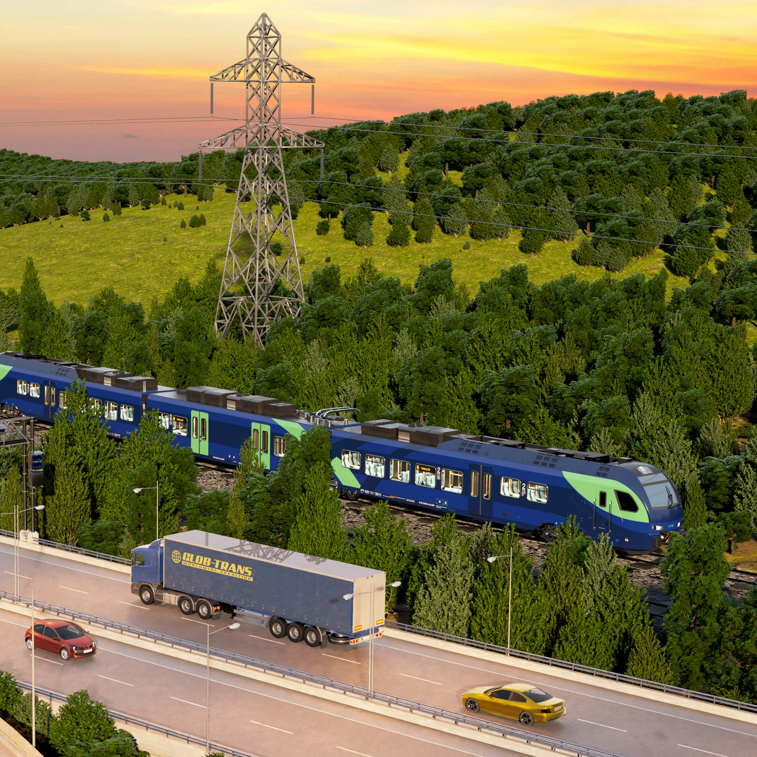 Infrastructure_Strategy. Bildet eine Autobahn und eine Fernverkehrsbahn strecke ab. Darum befindet sich Waldgebiet mit Strommaßten