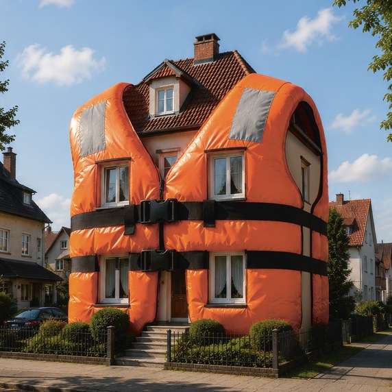 KI generiertes Bild: Ein Haus in einer orangenen Schwimmweste