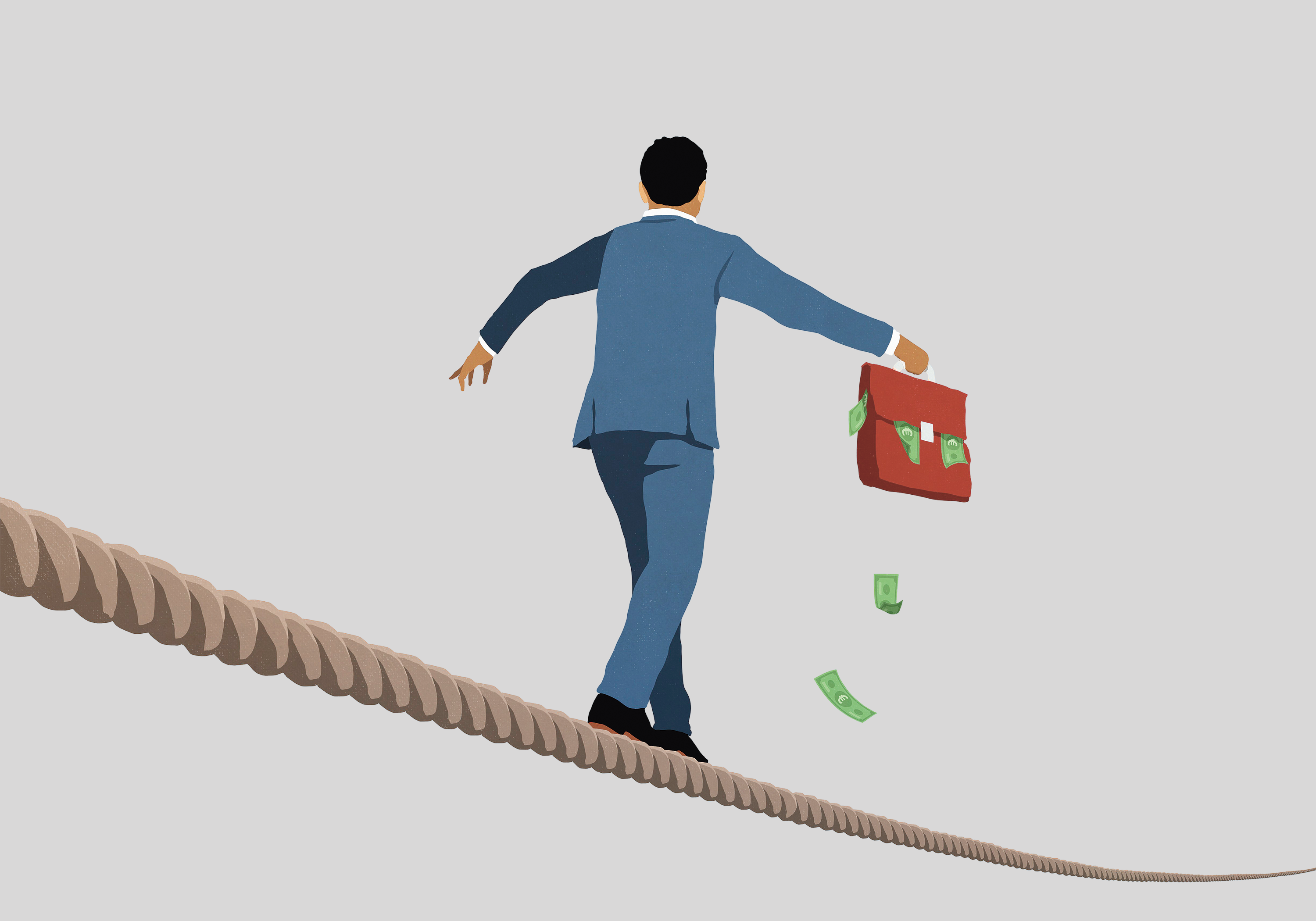 Illustration: Mann mit Anzug und Aktentasche balanciert auf Seil