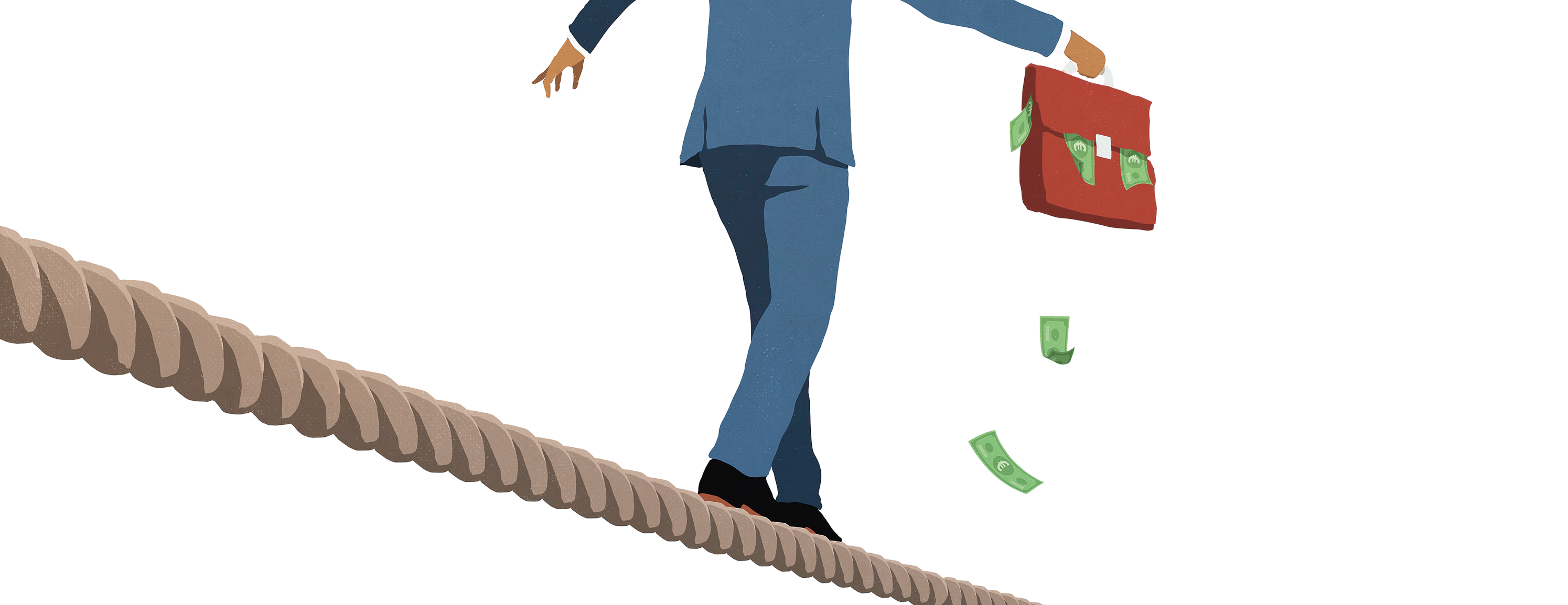 Illustration: Mann mit Anzug und Aktentasche balanciert auf Seil