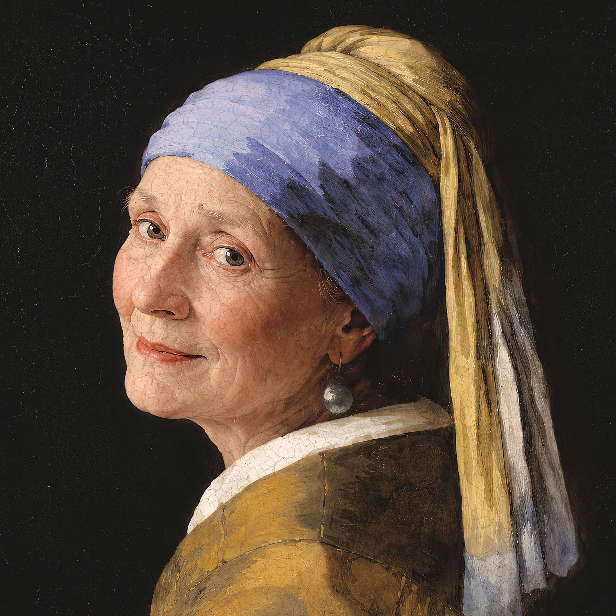 Gemaltes Bild: Ältere Frau mit Kopftuch und Silberohrring