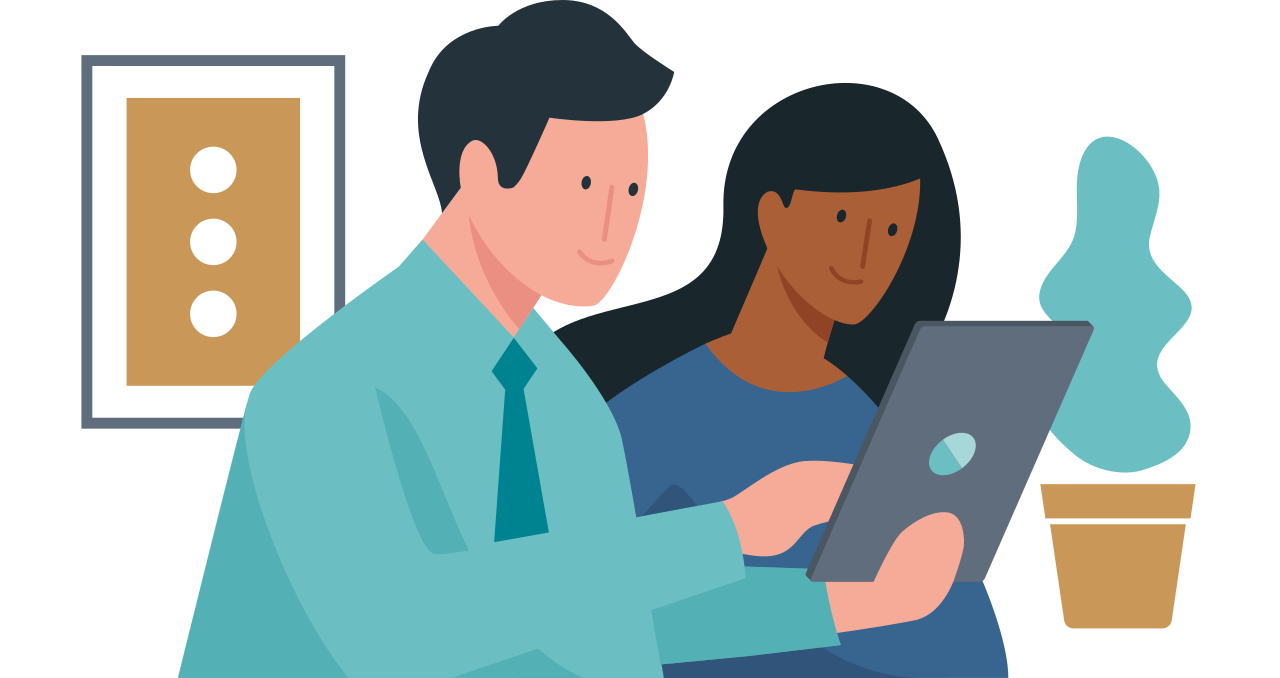 Illustration - Eine Mann und eine Frau sehen gemeinsam auf ein Tablet, während der Mann etwas erklärt.