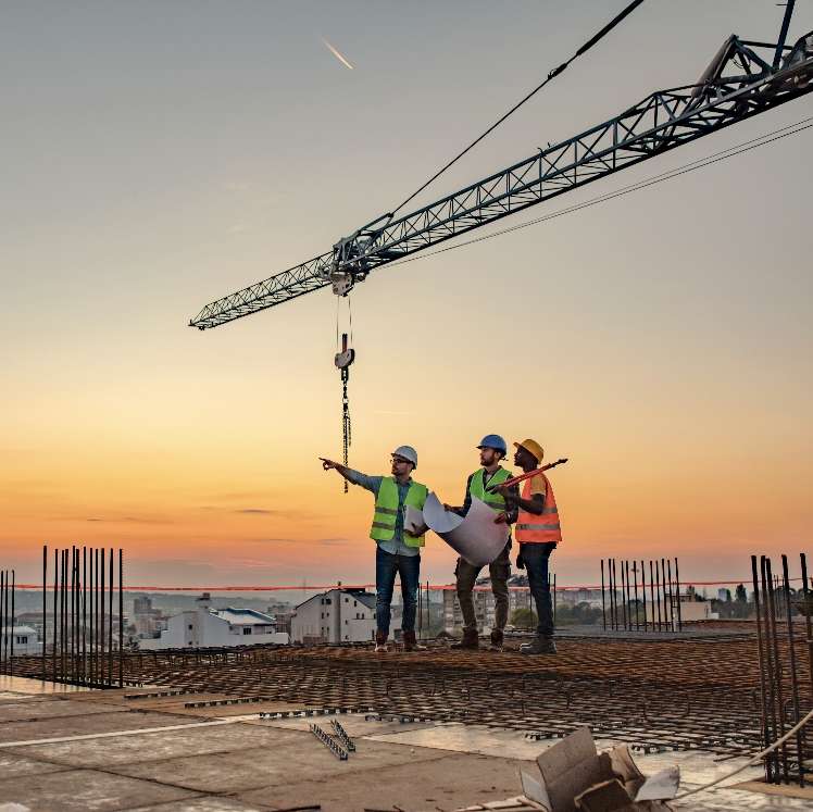 Bauarbeiter auf einer Baustelle mit Kran