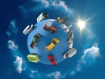 Verschiedene Fahrzeuge auf einer Weltkugel