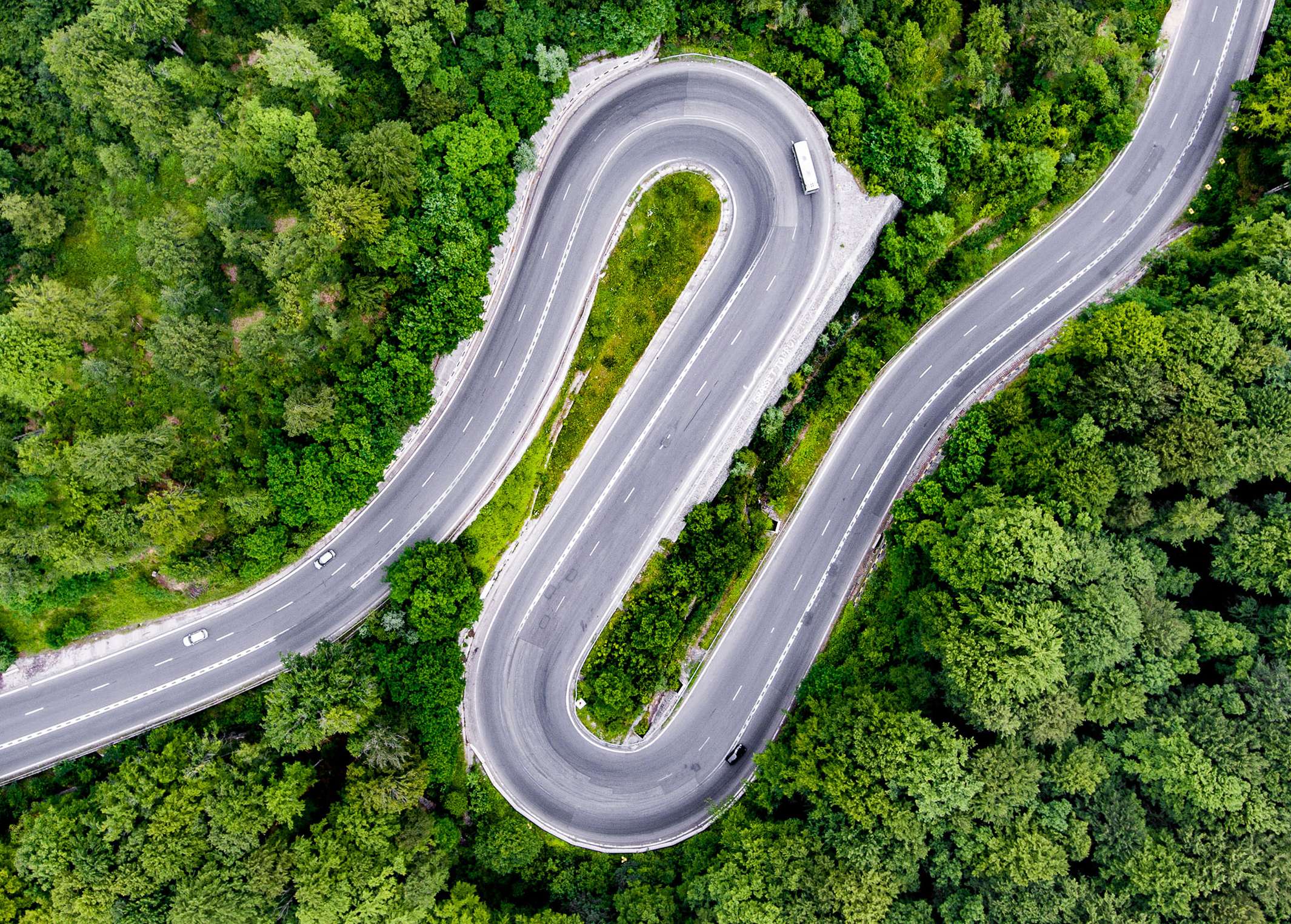 Kurvige Straße von oben, die durch einen Wald führt