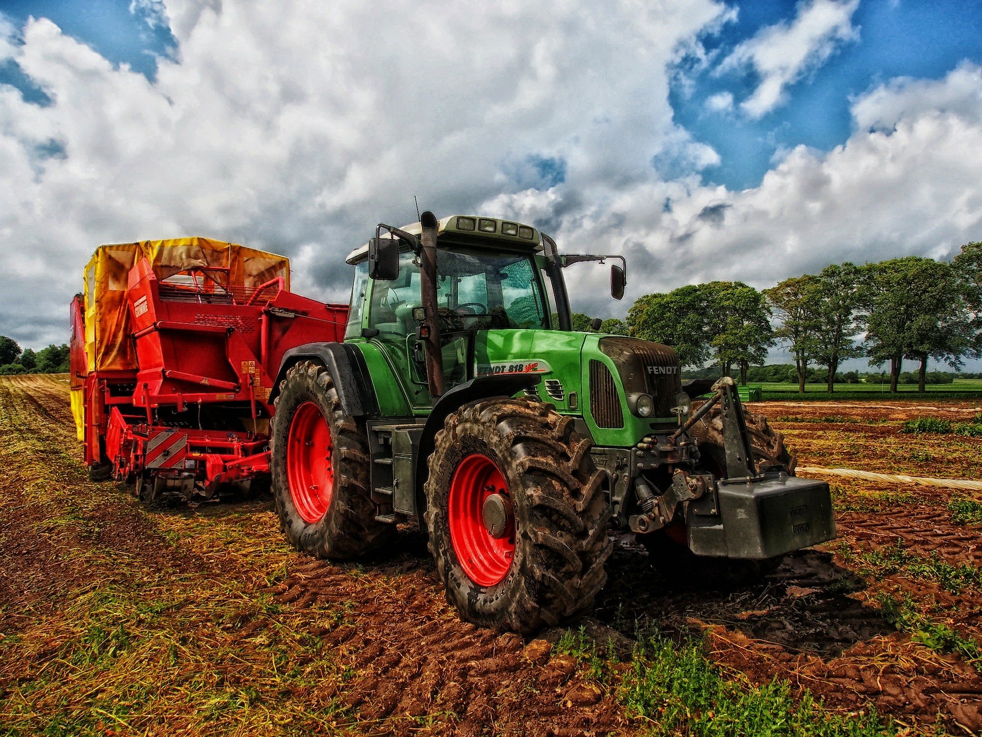 Traktor mit Anhänger fährt auf einem Feld