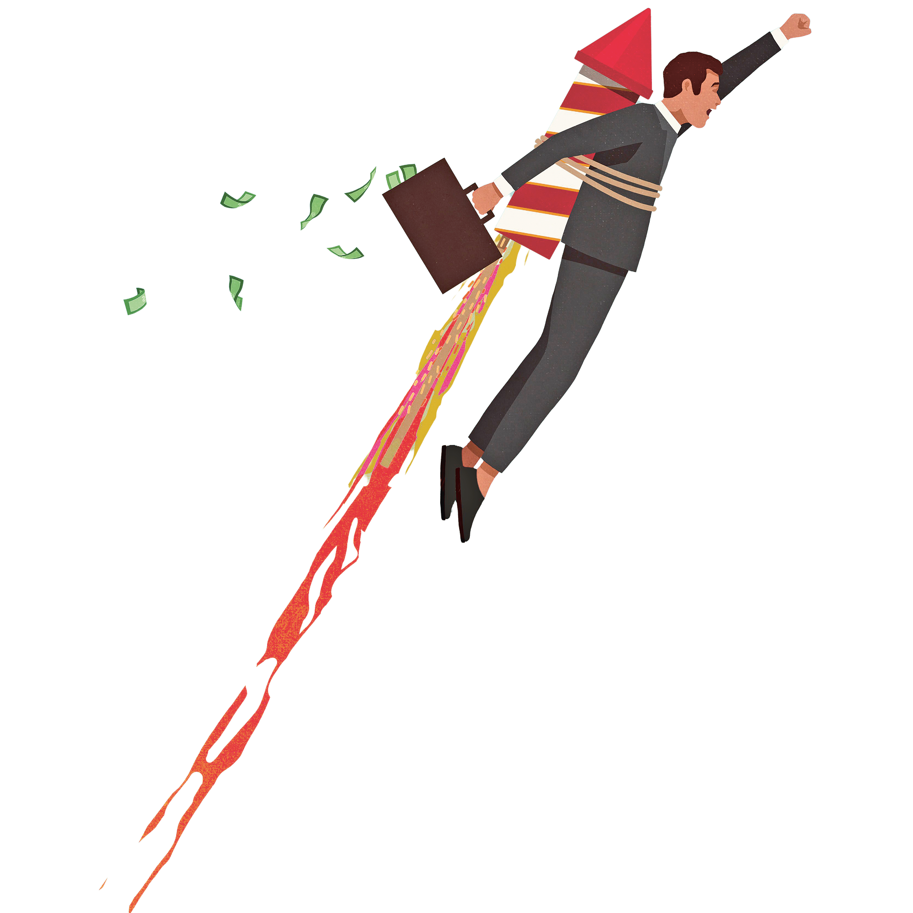 Illustration: Ein Mann mit Anzug und Aktentasche startet mit einer Rakete